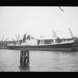 Frachtschiff mit schwarzem Rumpf und weißen Aufbauten am Kai, zahlreiche Hafenkräne im Hintergrund und Pfahl im Vordergrund.