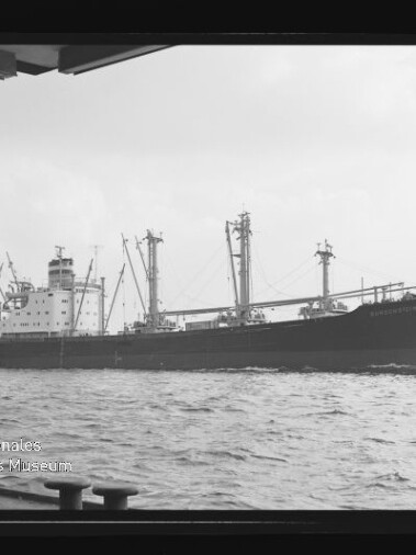 Frachtschiff mit mehreren Ladebäumen auf ruhiger See, gesehen durch das Fenster eines anderen Schiffs.