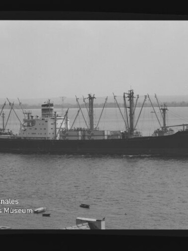 Frachtschiff mit mehreren Ladekränen und mittschiffs gelegenem Aufbau auf ruhigem Meer, Küstenlinie im Hintergrund.