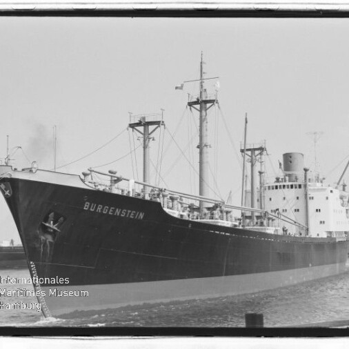 Großes Frachtschiff BURGENSTEIN mit dunklem Rumpf, Ladekränen und Aufbauten im Hafen.
