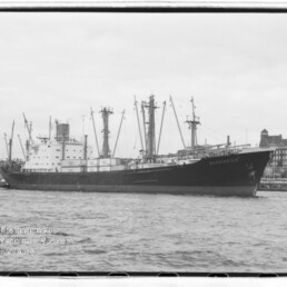 Großes Frachtschiff mit mehreren Ladekränen und Aufbauten liegt am Kai vor Hafenbauten und Uferpromenade.