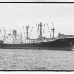 Schwarzweißaufnahme eines großen Frachtschiffs mit mehreren Ladekränen im Hafen vor Uferbebauung; Wasserzeichen des Internationalen Maritimen Museums Hamburg unten links.