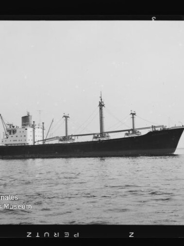 Dunkles Frachtschiff mit Aufbauten, mehreren Ladekränen und Masten auf ruhiger See.