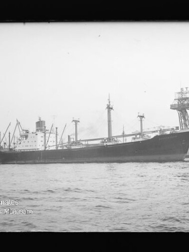 Großes Frachtschiff im Hafen, dahinter Kräne und ein hoher Hafenkran mit teilweise lesbarer Aufschrift.
