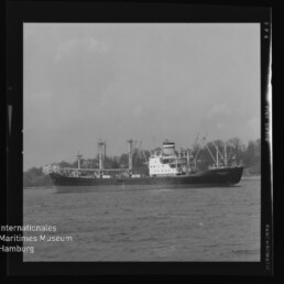Frachtschiff mit mehreren Ladekränen auf ruhigem Wasser vor bewaldetem Ufer; Logo des Internationalen Maritimen Museums Hamburg unten links.