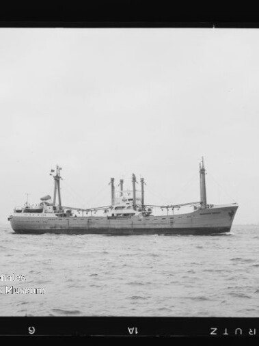 Frachtschiff mit Lademasten und Kränen auf offener See; Wasserzeichen 