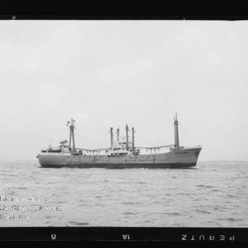 Frachtschiff mit Lademasten und Kränen auf offener See; Wasserzeichen 