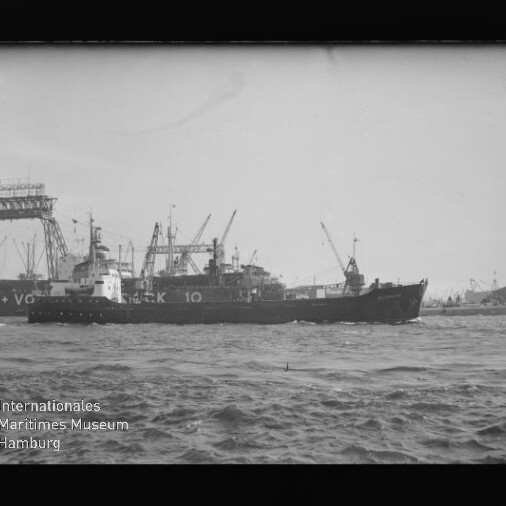 Frachtschiff mit mehreren Ladekränen im Hafen, Wellen im Vordergrund und Hafenkräne am Horizont.