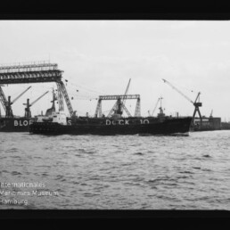 Frachtschiff vor großen Trockendock-Gestellen und Kränen im Hafen, Wasser im Vordergrund, Schriftzug Dock 10 sichtbar.