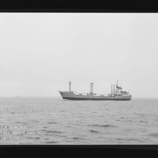 Schwarzweißfoto eines Frachtschiffs mit Ladekränen auf ruhiger See; Wasserzeichen des Maritimen Museums Hamburg.