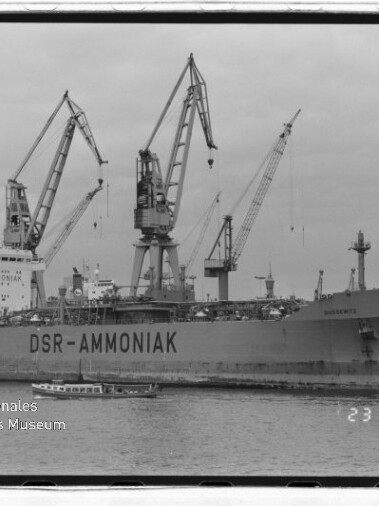 Frachtschiff DSR-AMMONIAK am Kai, umgeben von hohen Hafenkränen und einem kleinen Boot im Vordergrund.