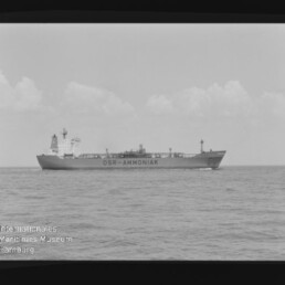 Tankschiff mit Aufschrift DSR‑AMMONIAK auf ruhiger See vor wolkigem Himmel; Museumslogo unten links.