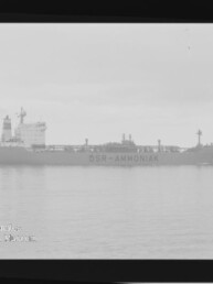Schwarzweißfoto eines Tankers mit Aufschrift DSR-AMMONIAK auf ruhigem Meer; Filmrand und Museumswasserzeichen sichtbar.