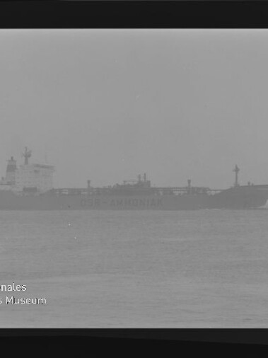 Silhouette eines Frachters/Tankers im nebligen Meer, Horizont kaum erkennbar; Wasserzeichen des Int. Maritimen Museums Hamburg.