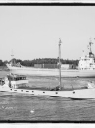 Zwei vorbeifahrende Schiffe auf einem Wasserweg: vorn ein schmales weißes Küstenmotorschiff mit Mast, dahinter ein größeres Frachtschiff; Museumsstempel links unten.