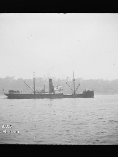 Frachtschiff mit Schornstein und Ladekränen auf ruhigem Wasser, Ufer im Dunst im Hintergrund.