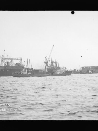 Blick übers Wasser auf Hafen mit Frachtschiffen, Kränen und Schleppern; Logo 'Internationales Maritimes Museum Hamburg'.