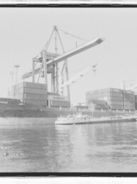 Großes Containerschiff am Kai mit Hafenkränen, gestapelten Containerblöcken und einem kleinen Schubboot im Vordergrund.