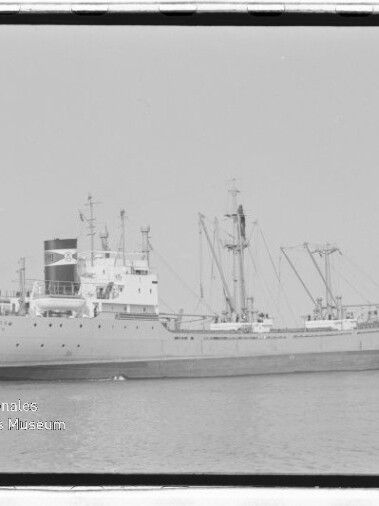 Frachtschiff mit mehreren Ladebäumen und markantem Schornstein auf ruhigem Wasser, Wasserzeichen des Internationalen Maritimen Museums Hamburg.
