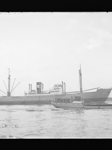 Großes Frachtschiff mit Ladebäumen und Schornstein, begleitet von einem kleineren Boot auf ruhigem Wasser vor flachem Ufer