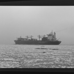 Frachtschiff mit Ladekränen fährt durch ein mit Eisschollen bedecktes Meer bei nebligem Himmel.