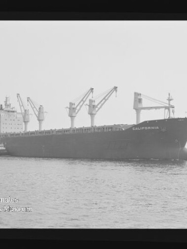 Massengutfrachter California mit mehreren Ladekränen auf ruhiger See, kleiner Schlepper am Heck.