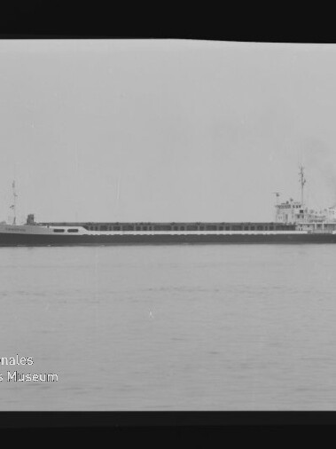 Langes Frachtschiff auf ruhiger See, schwarzweiß-Foto mit Internationales Maritimes Museum Hamburg Wasserzeichen unten links.