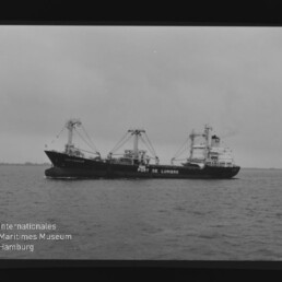 Schwarzweißaufnahme des Frachtschiffs Port de Lumière mit Ladekränen auf ruhiger See.