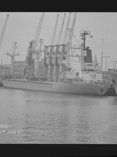 Mehrere Frachtschiffe am Hafen vor Kränen, unten links das Logo des Internationalen Maritimen Museums Hamburg.