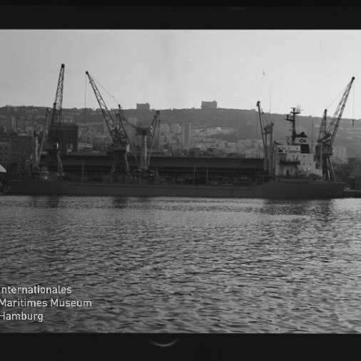Frachtschiff am Kai neben mehreren Hafenkränen, dahinter Stadt auf einem Hügel und spiegelndes Wasser im Vordergrund.