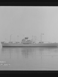 Schwarzweißfoto eines Frachtschiffs mit Aufbauten und Kränen auf spiegelglattem Meer, Stempel des Internationalen Maritimen Museums Hamburg.