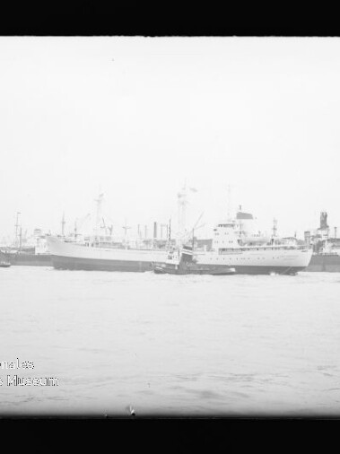 Schwarzweißaufnahme mehrerer Frachtschiffe und eines Schleppers auf dem Wasser, im Hintergrund ein großer Hafenkran.