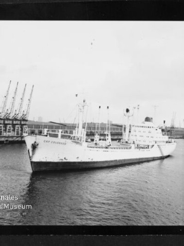 Weißes Frachtschiff im Hafen vor Krananlagen, mit Wasserzeichen des Internationalen Maritimen Museums Hamburg.