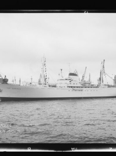 Weißes Passagierschiff im Hafen, von Kränen und Schleppern begleitet; Wasserzeichen Internationales Maritimes Museum Hamburg.