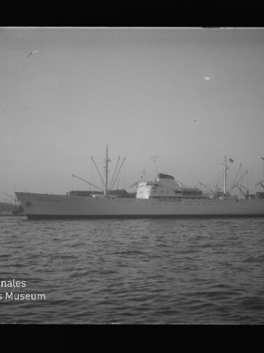 Großes weißes Schiff in Seitenansicht im Hafen vor Kranen, Wasser im Vordergrund und Schriftzug Internationales Maritimes Museum Hamburg