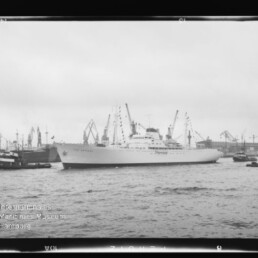 Großes weißes Passagierschiff im Hafen, begleitet von Schleppern vor Werfskränen, Schwarzweißaufnahme.