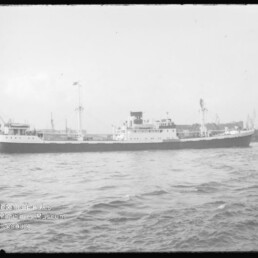 Frachtschiff mit mittigem Schornstein und zwei Masten vor Hafenkränen auf ruhiger See; Museumslogo links unten.