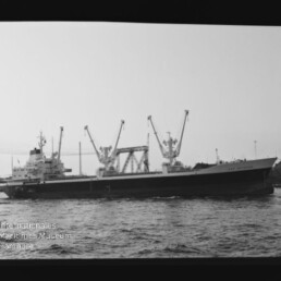 Frachtschiff mit drei hohen Ladekränen auf See vor einem Hafen, schwarz-weißaufnahme mit Museumslogo unten links.