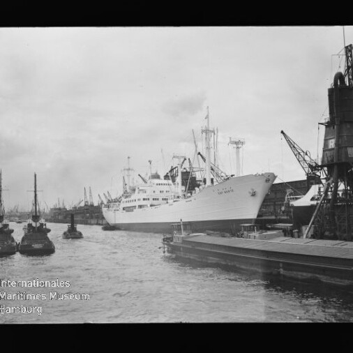 Weißes Passagierschiff am Industriehafen, links mehrere Schlepper, rechts Kräne am Kai und Wasserzeichen Internationales Maritimes Museum Hamburg.