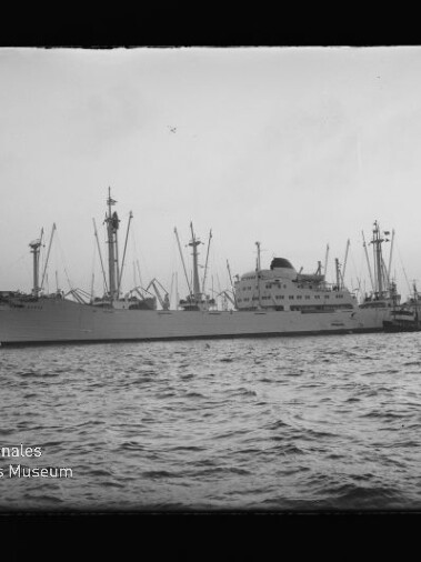 Großes Frachtschiff mit mehreren Masten und Ladekränen im Hafen; schwarzweißaufnahme mit Museumswasserzeichen unten links.