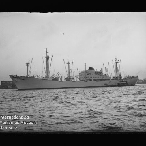 Großes Frachtschiff mit mehreren Masten und Ladekränen im Hafen; schwarzweißaufnahme mit Museumswasserzeichen unten links.