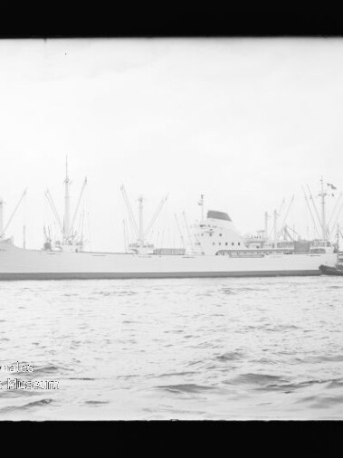 Großes Frachtschiff am Hafen mit zahlreichen Kränen im Hintergrund und einem kleinen Schlepper an seiner Seite.