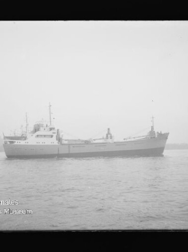 Graustufenfoto eines Frachtschiffs im Nebel auf ruhiger See, links unten das Wasserzeichen 