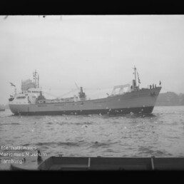 Frachtschiff auf ruhiger See mit fliegenden Möwen, Ufer im Hintergrund und sichtbarem Museumslogo, Schwarzweißaufnahme.
