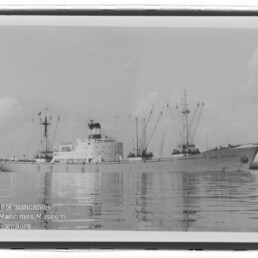 Großes Frachtschiff mit mehreren Masten und Ladekränen auf spiegelglattem Wasser, Schwarzweiß-Fotografie