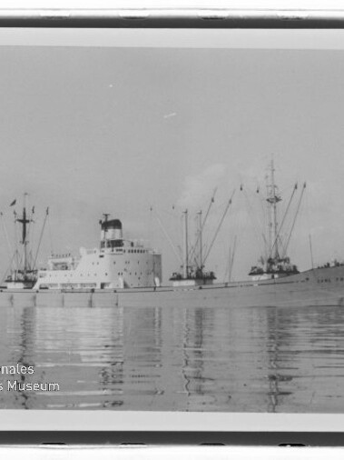 Großes Frachtschiff mit mehreren Masten und Ladekränen auf spiegelglattem Wasser, Schwarzweiß-Fotografie