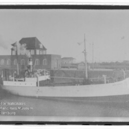 Weißes Frachtschiff am Kai vor Backsteinhaus mit Rundfenstern; unten links Logo Internationales Maritimes Museum Hamburg.