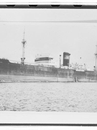 Großes Frachtschiff mit schwarzem Rumpf, zwei Masten und markantem Schornstein fährt ruhig über das Meer