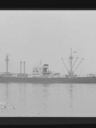 Schwarzweiß-Seitenansicht eines Frachtschiffs mit Ladekränen auf ruhiger See, Museumssiegel unten links.