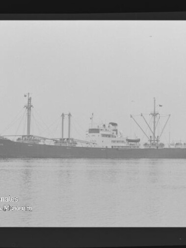 Frachtschiff im Seitenprofil auf ruhigem Meer mit mehreren Ladebäumen, Schornstein und Brückenaufbau.